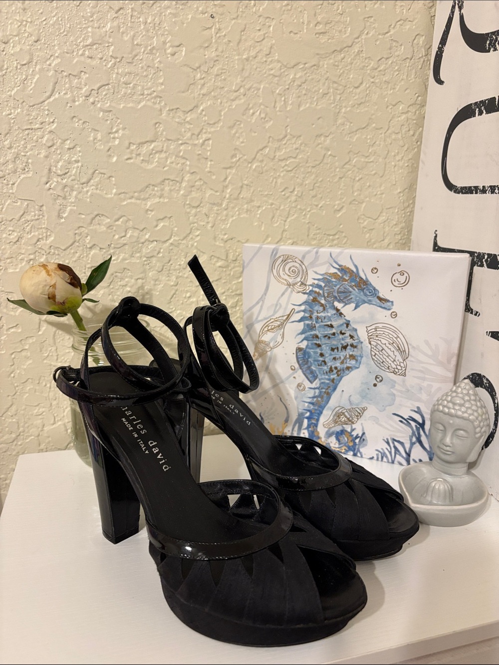 Charles David Black Platform Ankle-Strap Heels